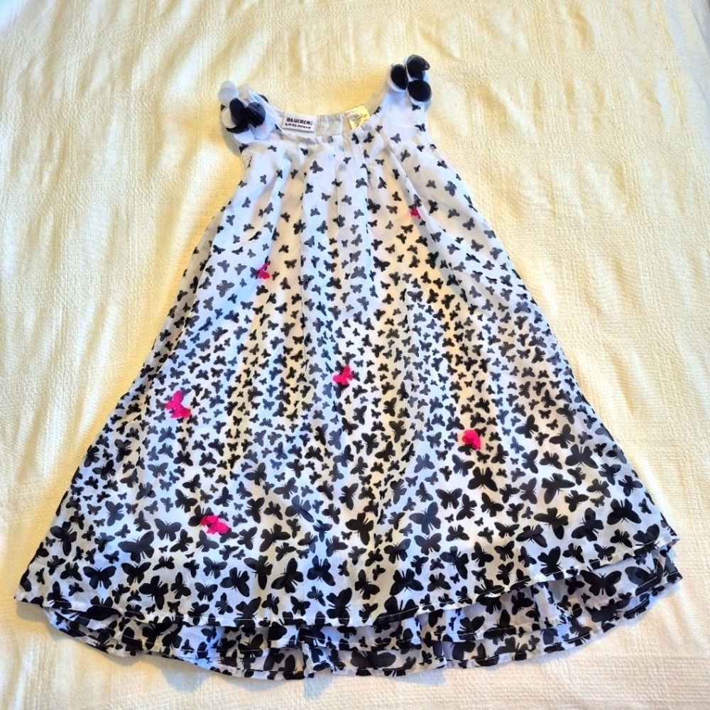 Blueberi Boulevard girls size 7 black & white butterfly dress, flowy, lined EUC